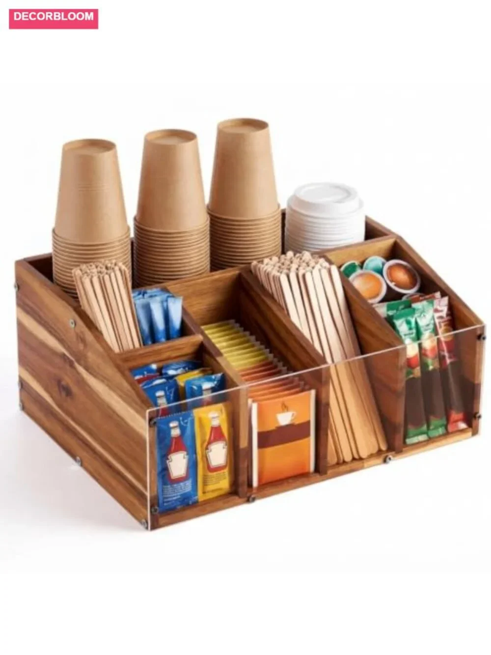 Acacia Wood Coffee Station Organizer for Countertop - 6 Compartments, Clear